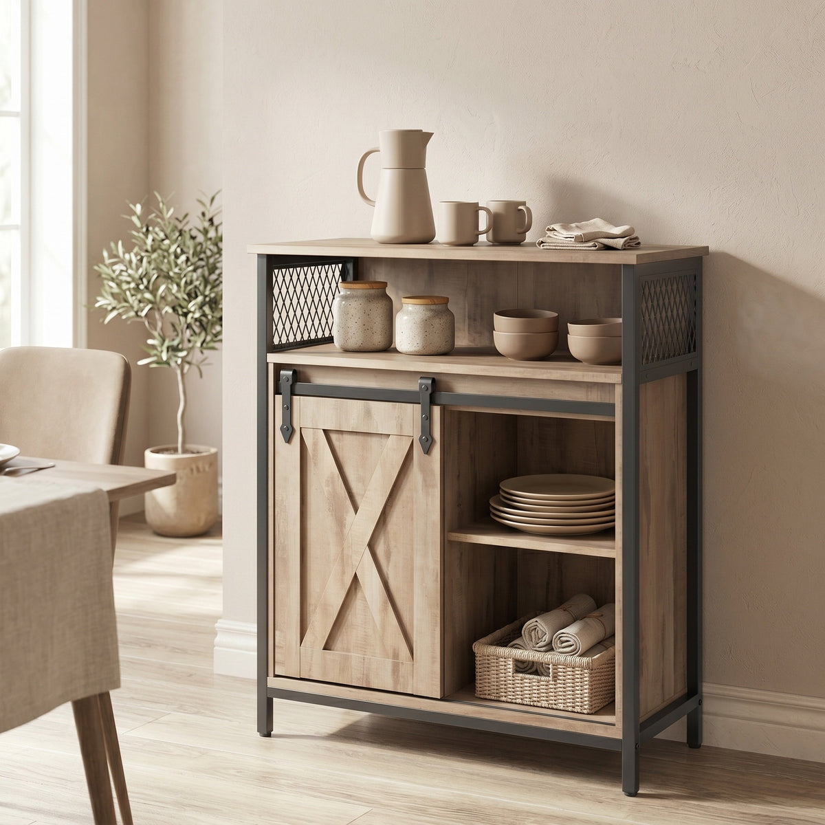 Buffet Cabinet, Sideboard with Open Compartment, Sliding Barn Door