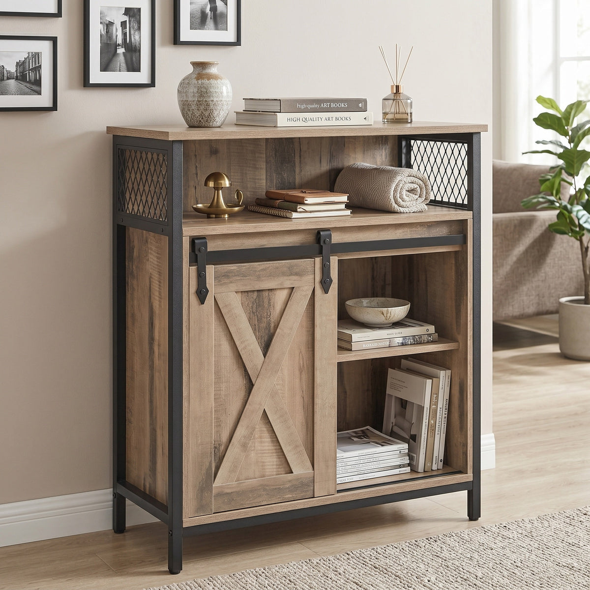 Buffet Cabinet, Sideboard with Open Compartment, Sliding Barn Door