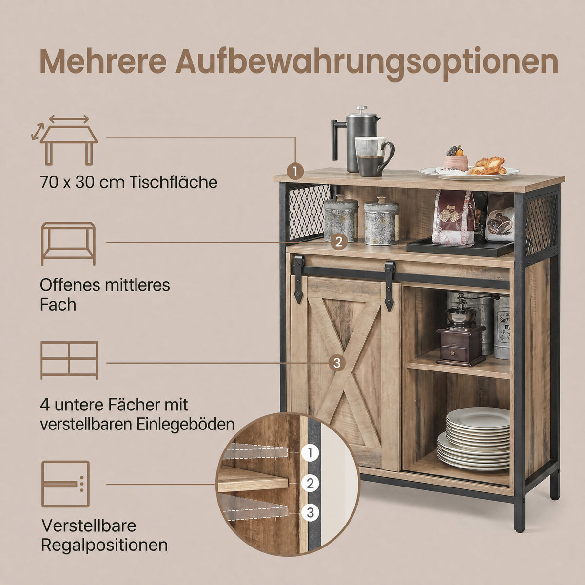 Buffet Cabinet, Sideboard with Open Compartment, Sliding Barn Door