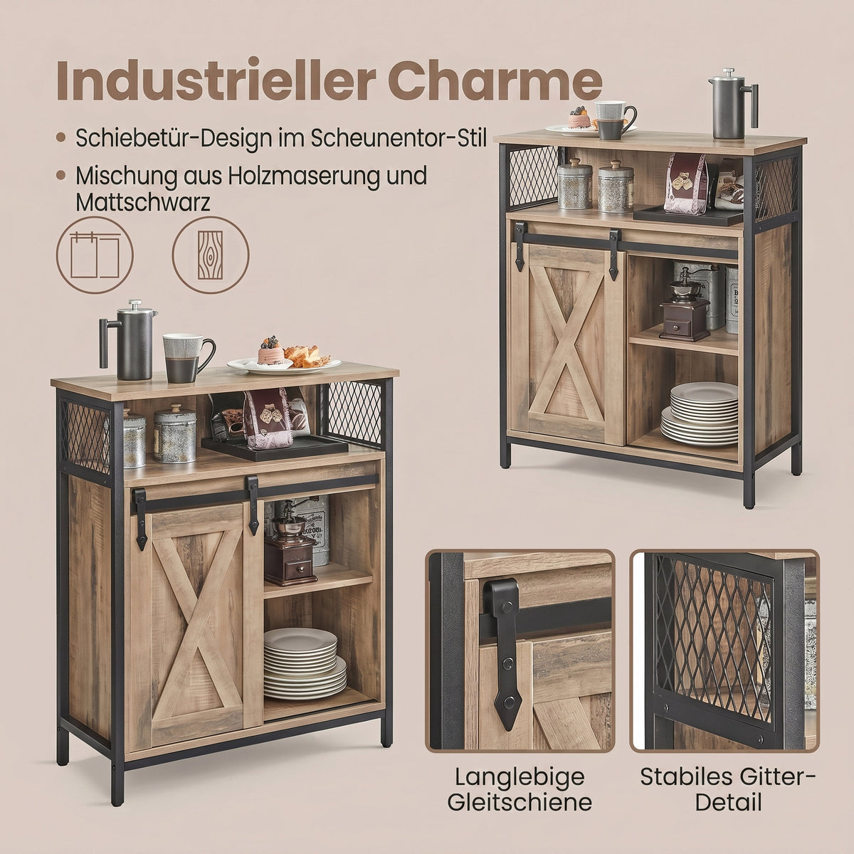 Buffet Cabinet, Sideboard with Open Compartment, Sliding Barn Door