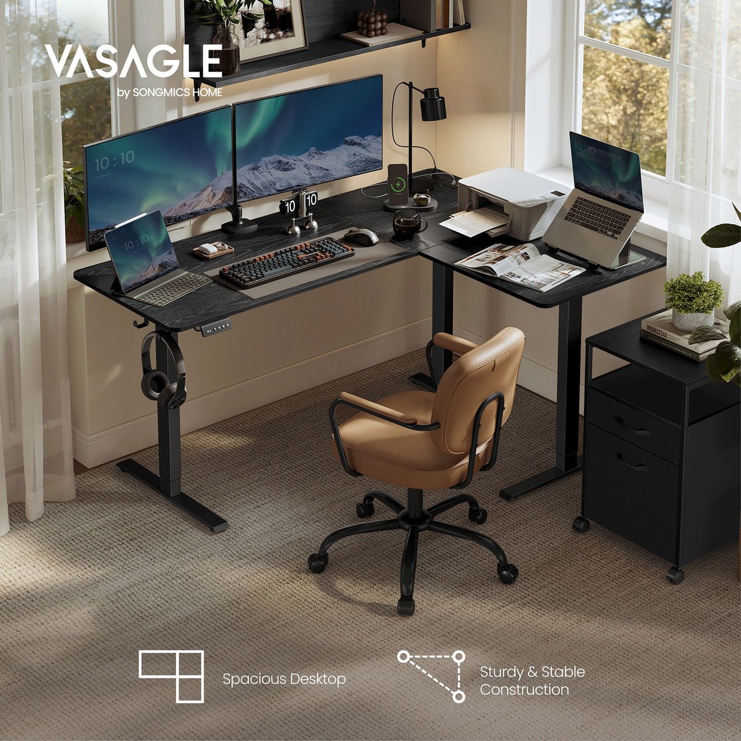 L-Shaped Electric Standing Desk with Power Outlets