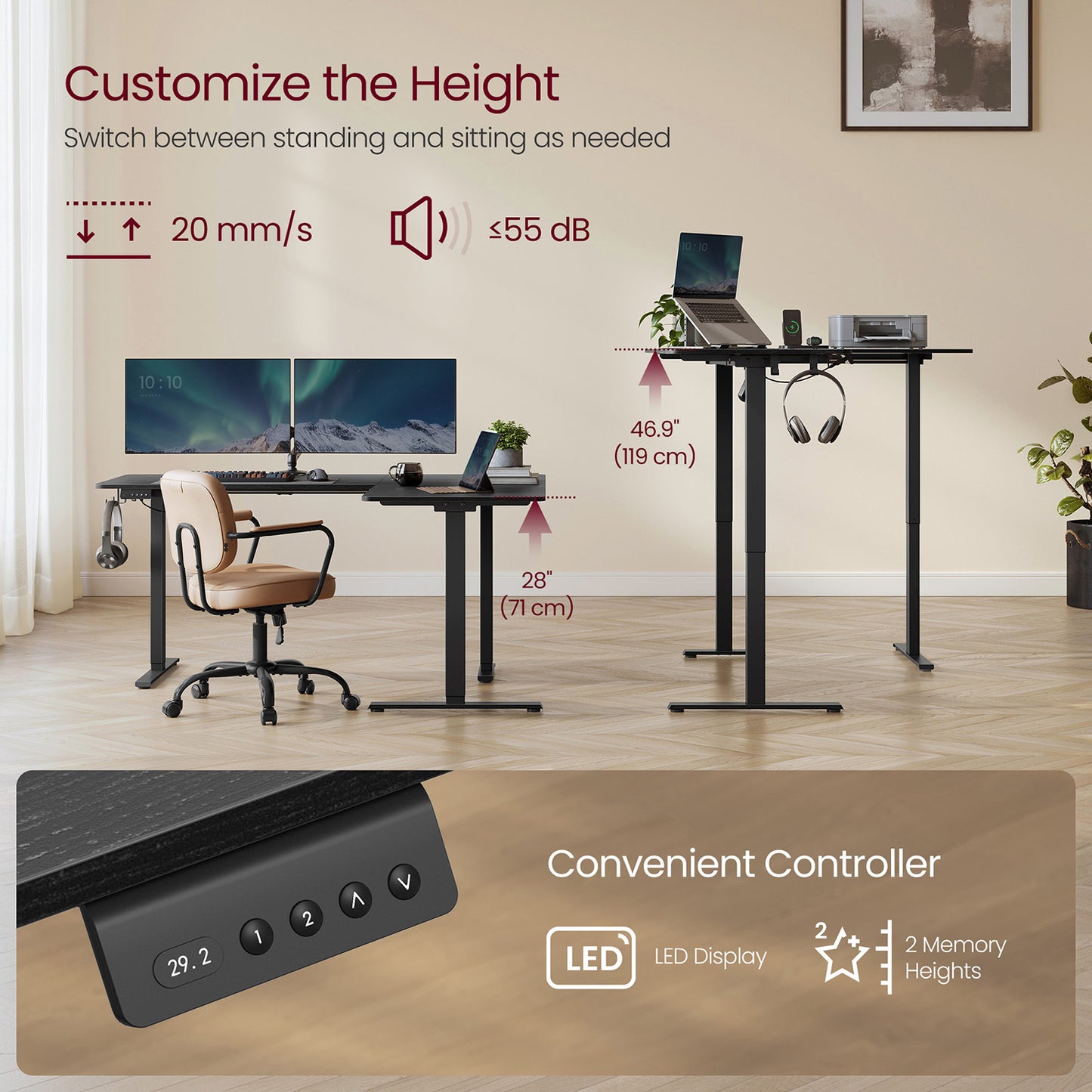 L-Shaped Electric Standing Desk with Power Outlets