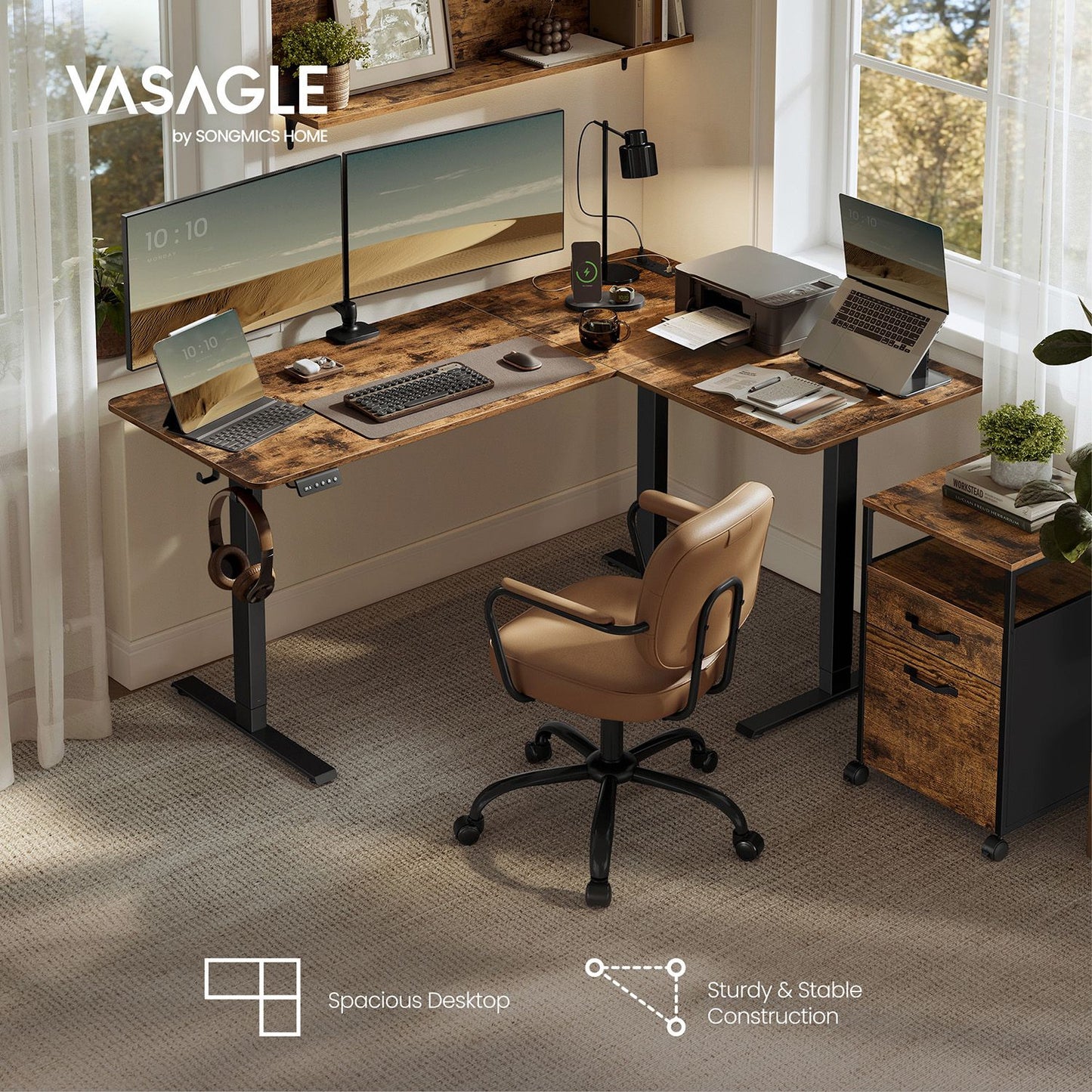 L-Shaped Electric Standing Desk with Power Outlets