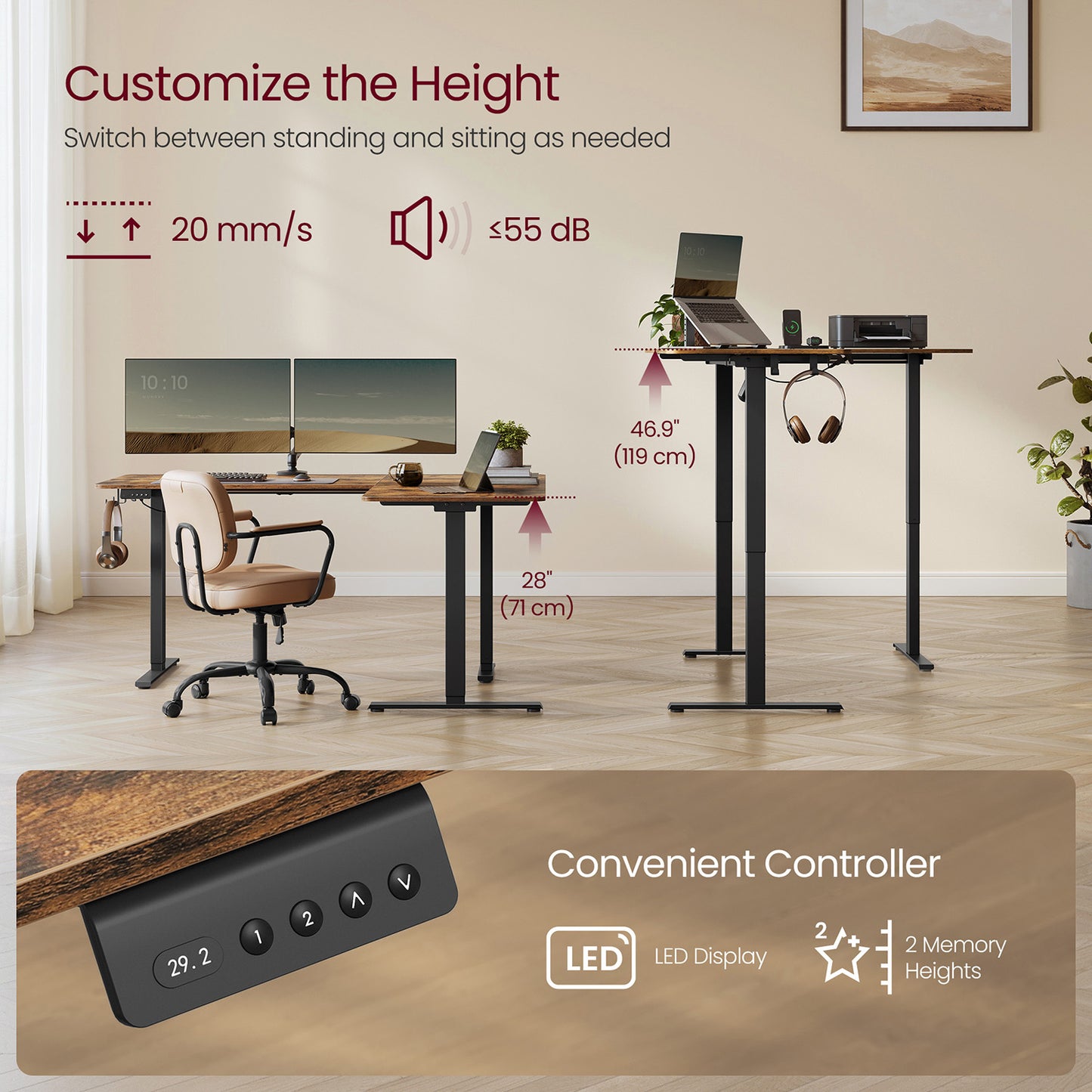 L-Shaped Electric Standing Desk with Power Outlets