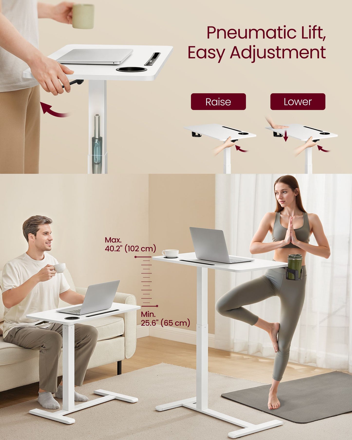 Overbed Table with Wheels, Mobile Standing Computer Desk, 27.6 x 15.7 Inches Tabletop, Adjustable Height, 2 Cup Holders, Phone and Tablet Slot, Cloud White