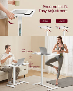 Overbed Table with Wheels, Mobile Standing Computer Desk, 27.6 x 15.7 Inches Tabletop, Adjustable Height, 2 Cup Holders, Phone and Tablet Slot, Cloud White