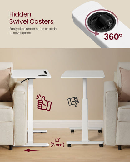 Overbed Table with Wheels, Mobile Standing Computer Desk, 27.6 x 15.7 Inches Tabletop, Adjustable Height, 2 Cup Holders, Phone and Tablet Slot, Cloud White