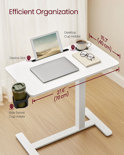 Overbed Table with Wheels, Mobile Standing Computer Desk, 27.6 x 15.7 Inches Tabletop, Adjustable Height, 2 Cup Holders, Phone and Tablet Slot, Cloud White