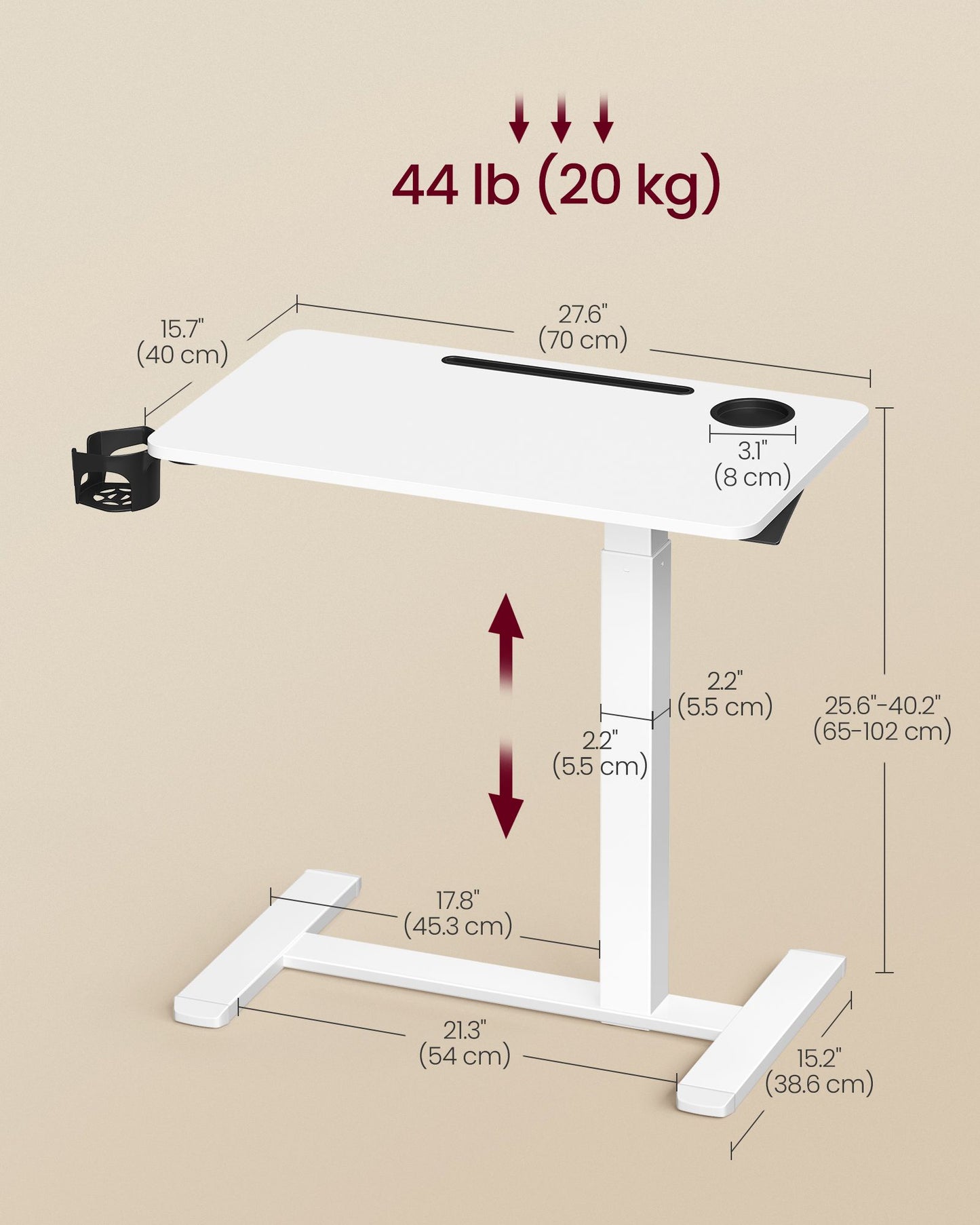 Overbed Table with Wheels, Mobile Standing Computer Desk, 27.6 x 15.7 Inches Tabletop, Adjustable Height, 2 Cup Holders, Phone and Tablet Slot, Cloud White