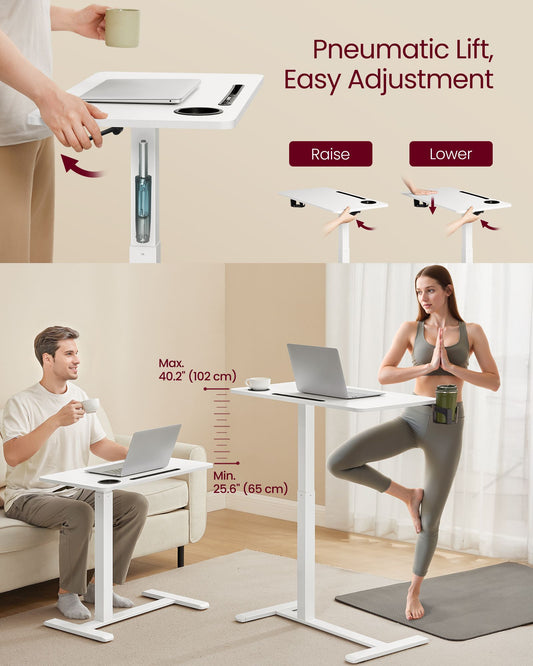 Overbed Table with Wheels, Mobile Standing Computer Desk, 31.5 x 17.7 Inches Tabletop, Adjustable Height, 2 Cup Holders, Phone and Tablet Slot, Cloud White