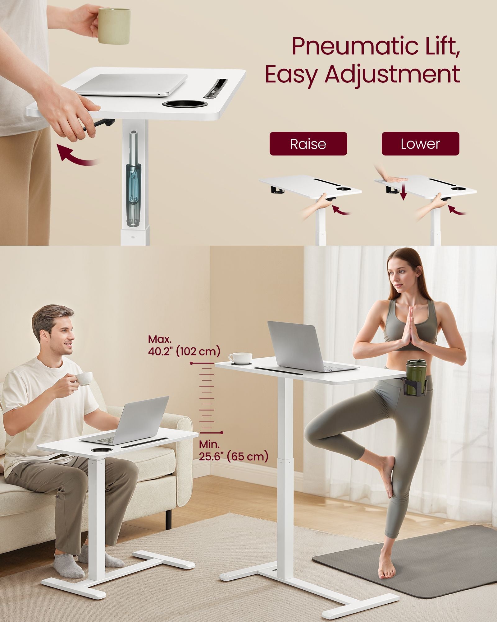 Overbed Table with Wheels, Mobile Standing Computer Desk, 31.5 x 17.7 Inches Tabletop, Adjustable Height, 2 Cup Holders, Phone and Tablet Slot, Cloud White ULSD601W01
