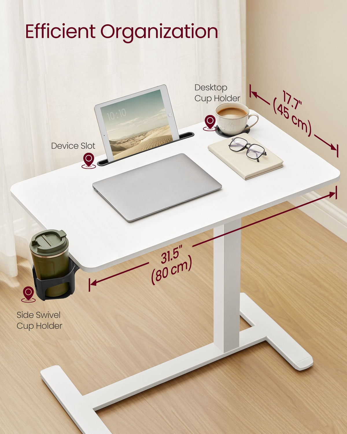 Overbed Table with Wheels, Mobile Standing Computer Desk, 31.5 x 17.7 Inches Tabletop, Adjustable Height, 2 Cup Holders, Phone and Tablet Slot, Cloud White