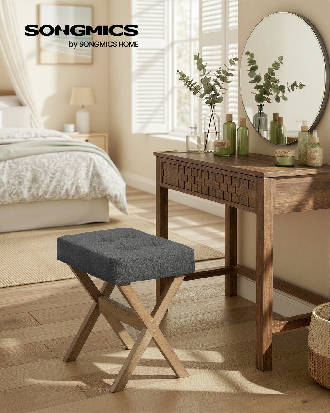 Makeup Stool, Padded Foot Rest, 12.6 x 16.5 x 18.1 Inches, Gray and Brown - image 2