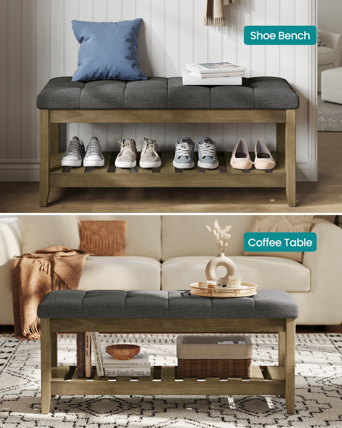 Storage Ottoman, Solid Wood Frame, 15.7 x 42.9 x 17.7 Inches, Slate Gray - image 5