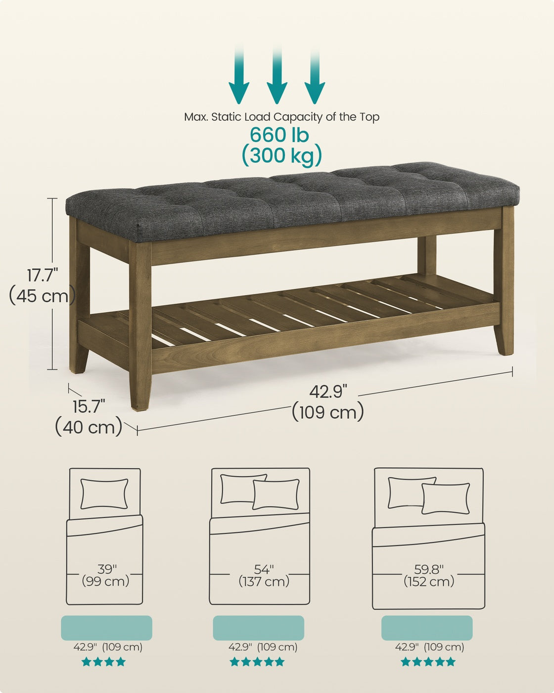 Storage Ottoman, Solid Wood Frame, 15.7 x 42.9 x 17.7 Inches, Slate Gray - image 6