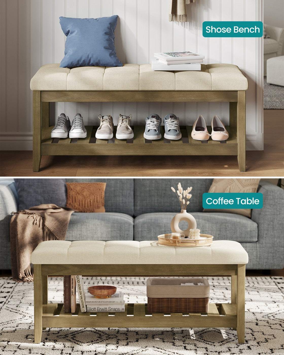 Storage Ottoman, Solid Wood Frame, 15.7 x 42.9 x 17.7 Inches, Slate Gray - image 11