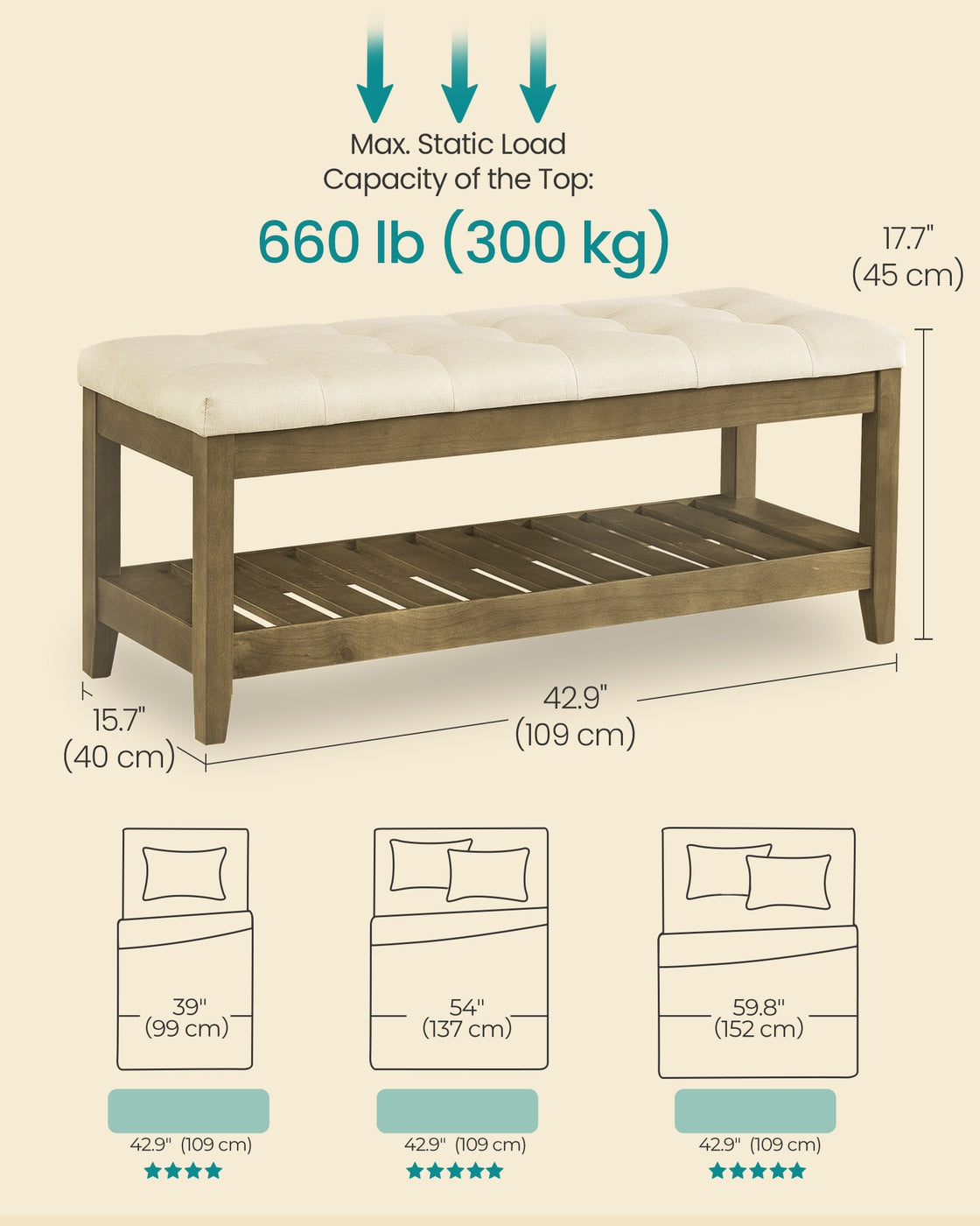 Storage Ottoman, Solid Wood Frame, 15.7 x 42.9 x 17.7 Inches, Slate Gray - image 12