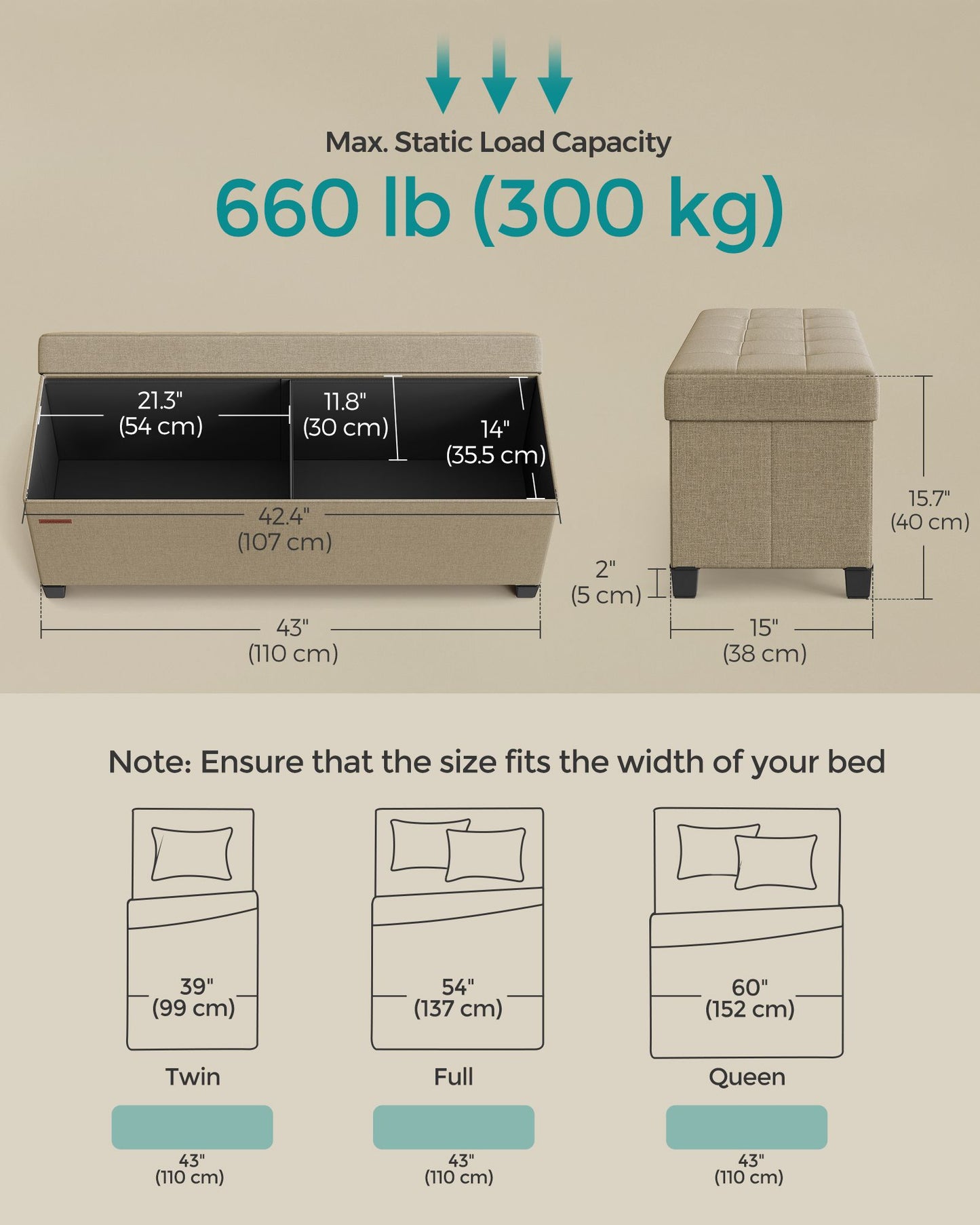 43" Wide Small Storage Ottoman with Legs