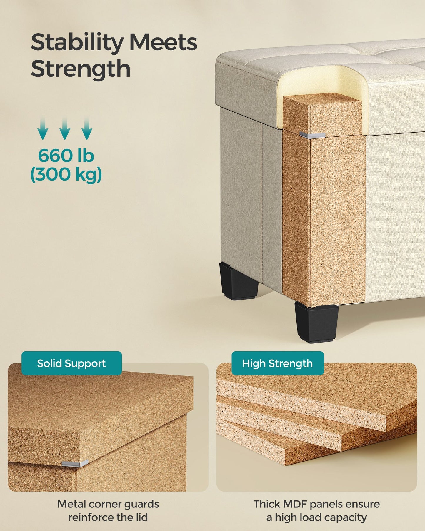 43" Wide Small Storage Ottoman with Legs