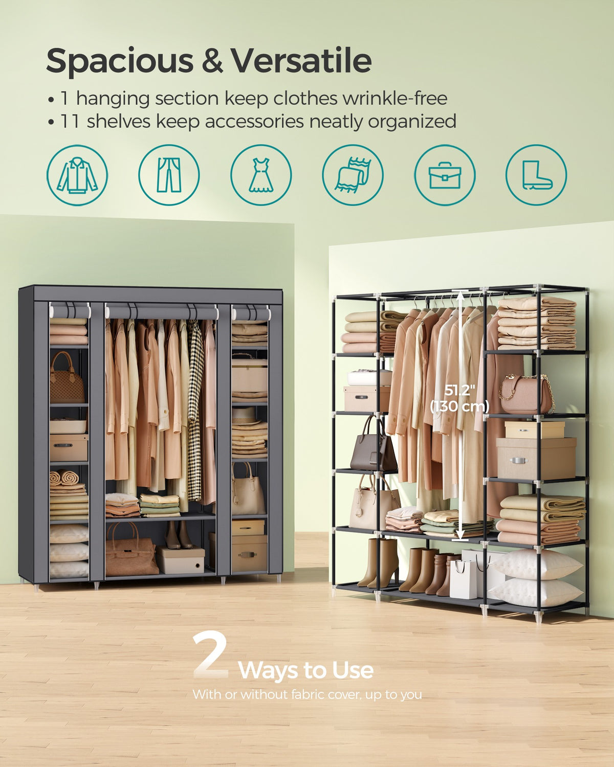 59" Closet Organizer Wardrobe Closet Portable Closet Shelves, Closet Storage Organizer with Non-Woven Fabric, Quick and Easy to Assemble