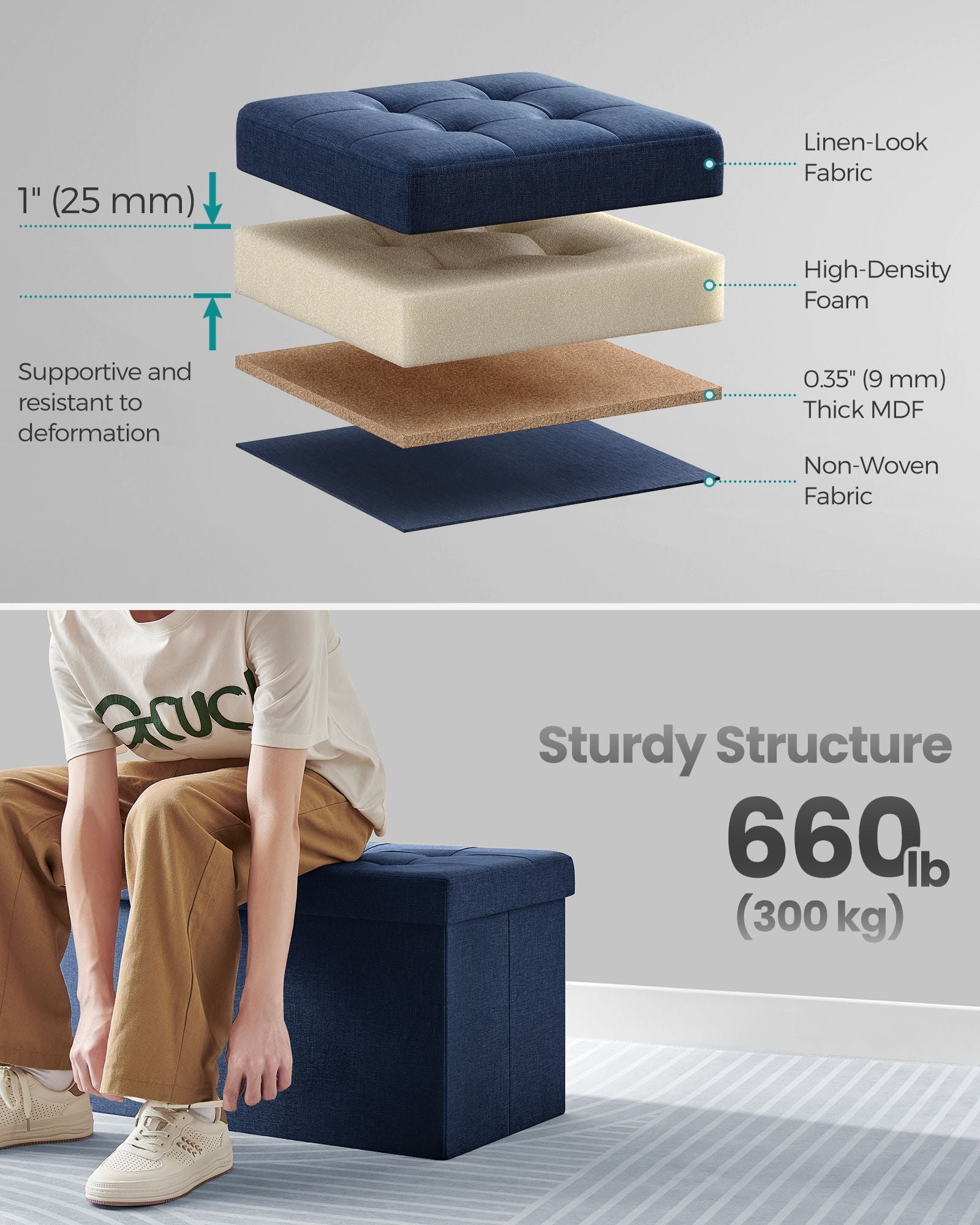 76 cm Storage Ottoman, Foldable Storage Bench with Flipping Lid, 300 kg Load Capacity, for Entryway - HWLEXTRA 