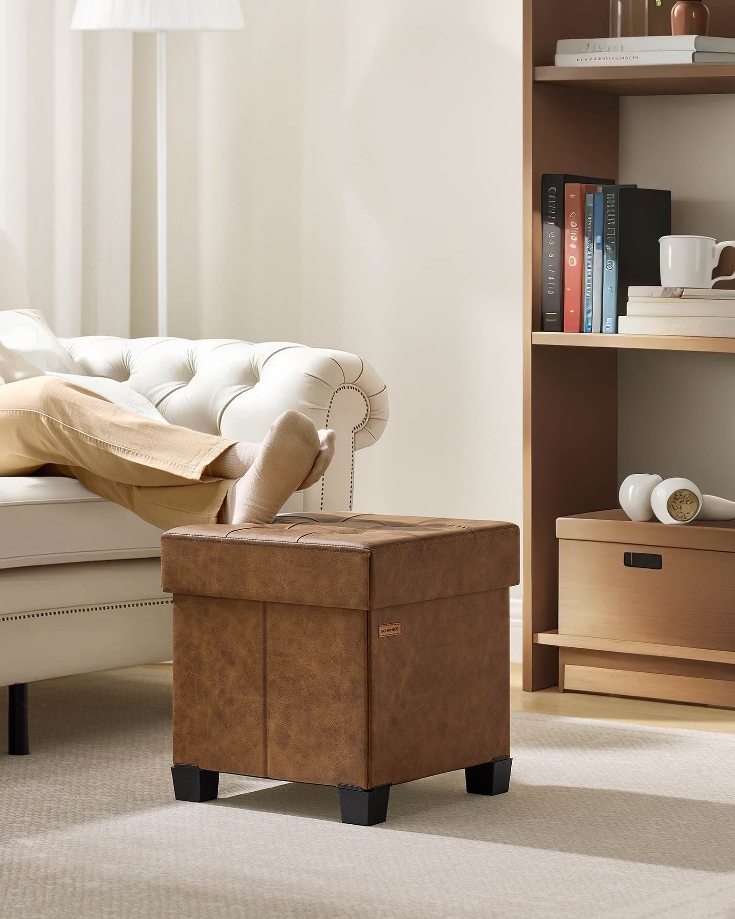 Storage Ottoman, 660 lbs Capacity, Foldable, Faux Leather, Coffee Brown