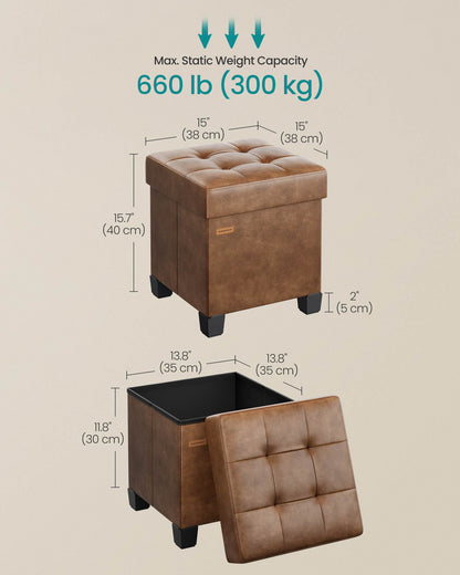 Storage Ottoman, 660 lbs Capacity, Foldable, Faux Leather, Coffee Brown