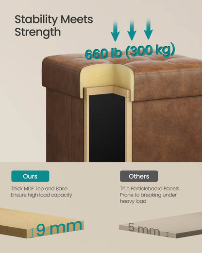 Storage Ottoman, 660 lbs Capacity, Foldable, Faux Leather, Coffee Brown
