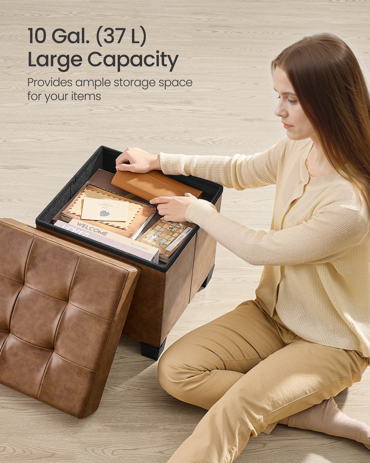 Storage Ottoman, 660 lbs Capacity, Foldable, Faux Leather, Coffee Brown