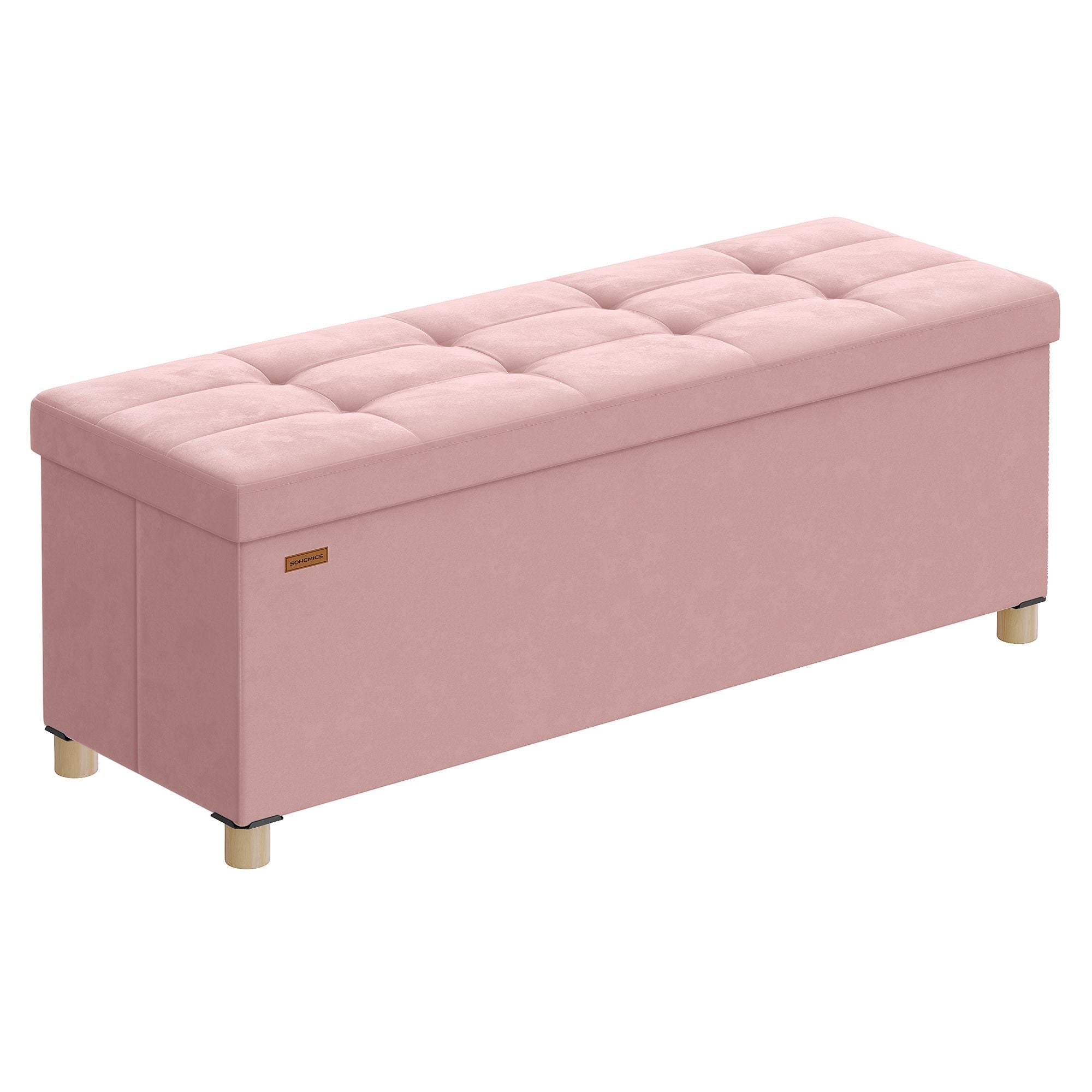 Storage Ottoman Bench, Folding Storage Chest, 15 x 43.3 x 15.7 Inches, Foot Rest Stool, 30 Gal. (112 L), Velvet Surface, for Bedroom, Entryway, Living Room, Jelly Pink