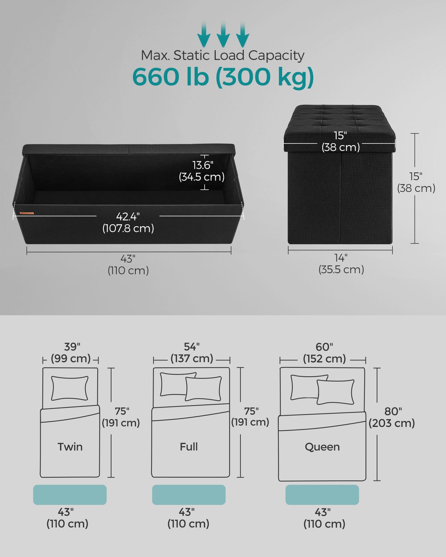 110 cm Storage Ottoman, Foldable Storage Bench with Flipping Lid, 300 kg Load Capacity, for Entryway, Living Room