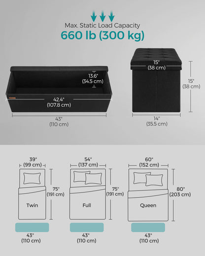 110 cm Storage Ottoman, Foldable Storage Bench with Flipping Lid, 300 kg Load Capacity, for Entryway, Living Room
