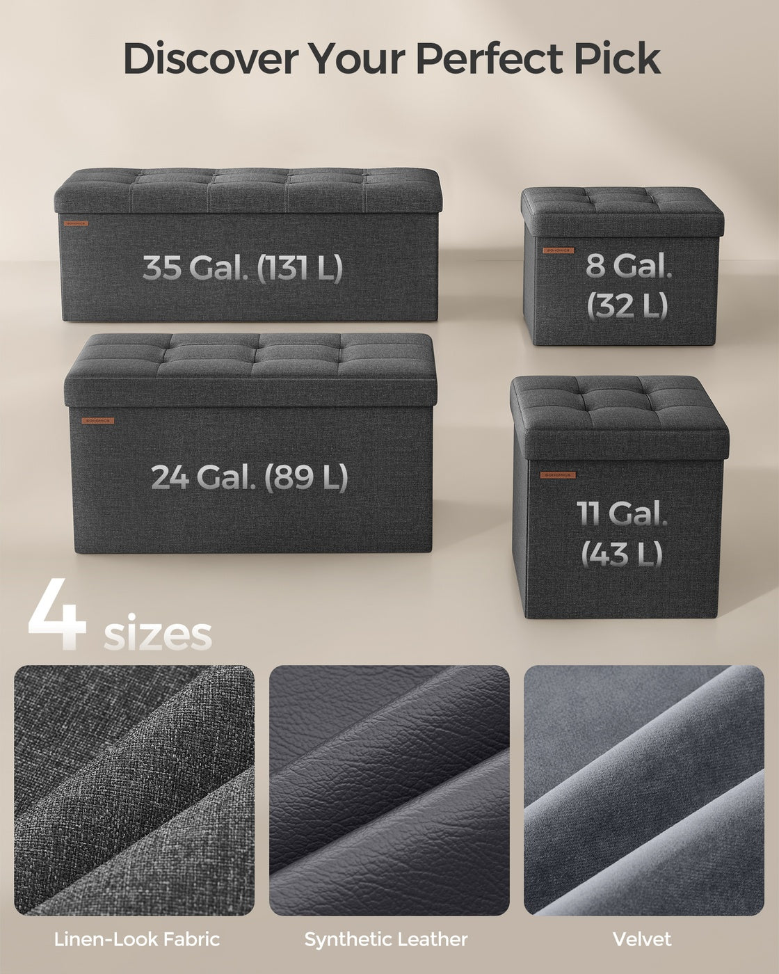 43 Inches Folding Storage Ottoman Bench Dark Gray - image 6