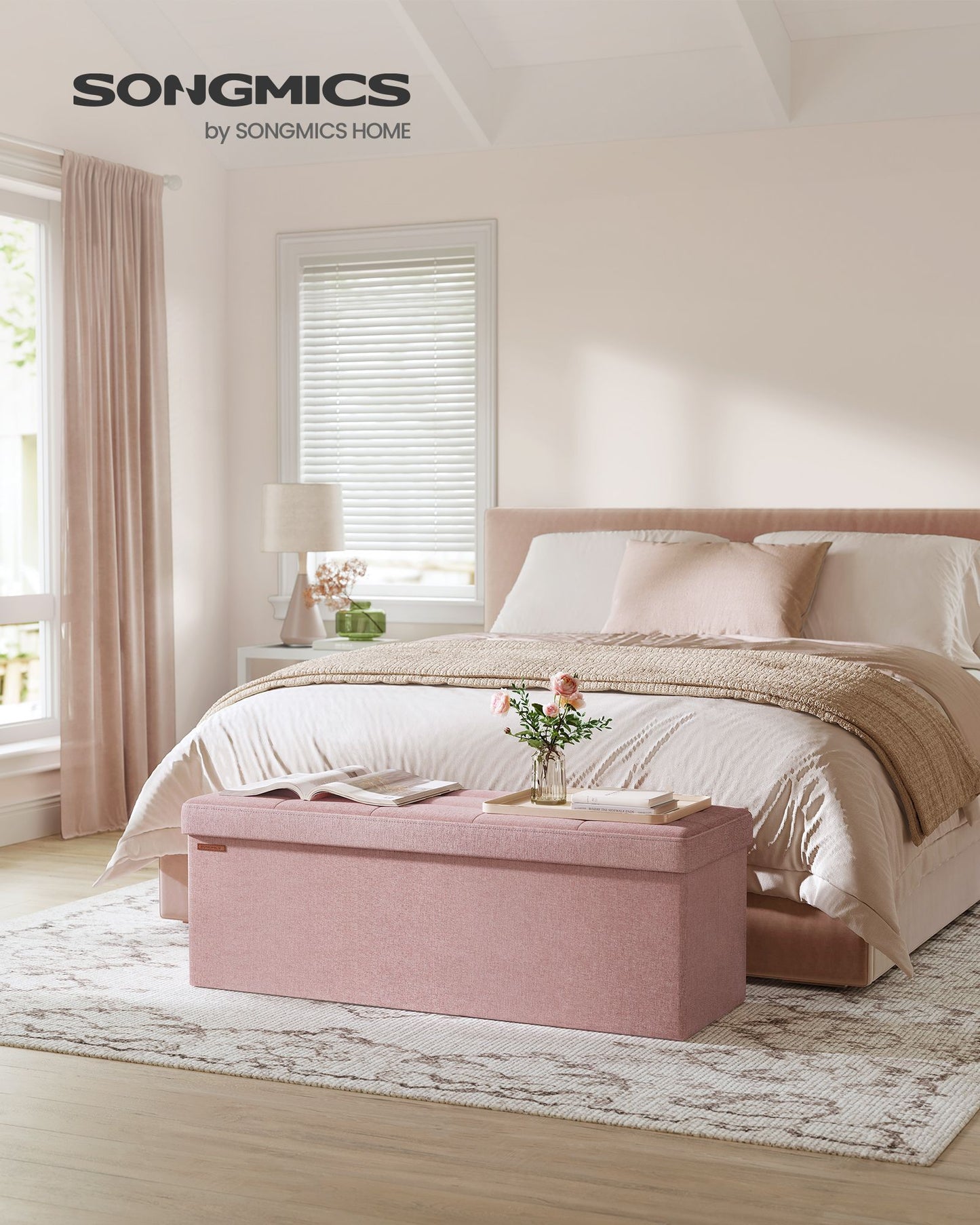 MAZIE Collection 43" Wide Folding Storage Ottoman Bench Jelly Pink