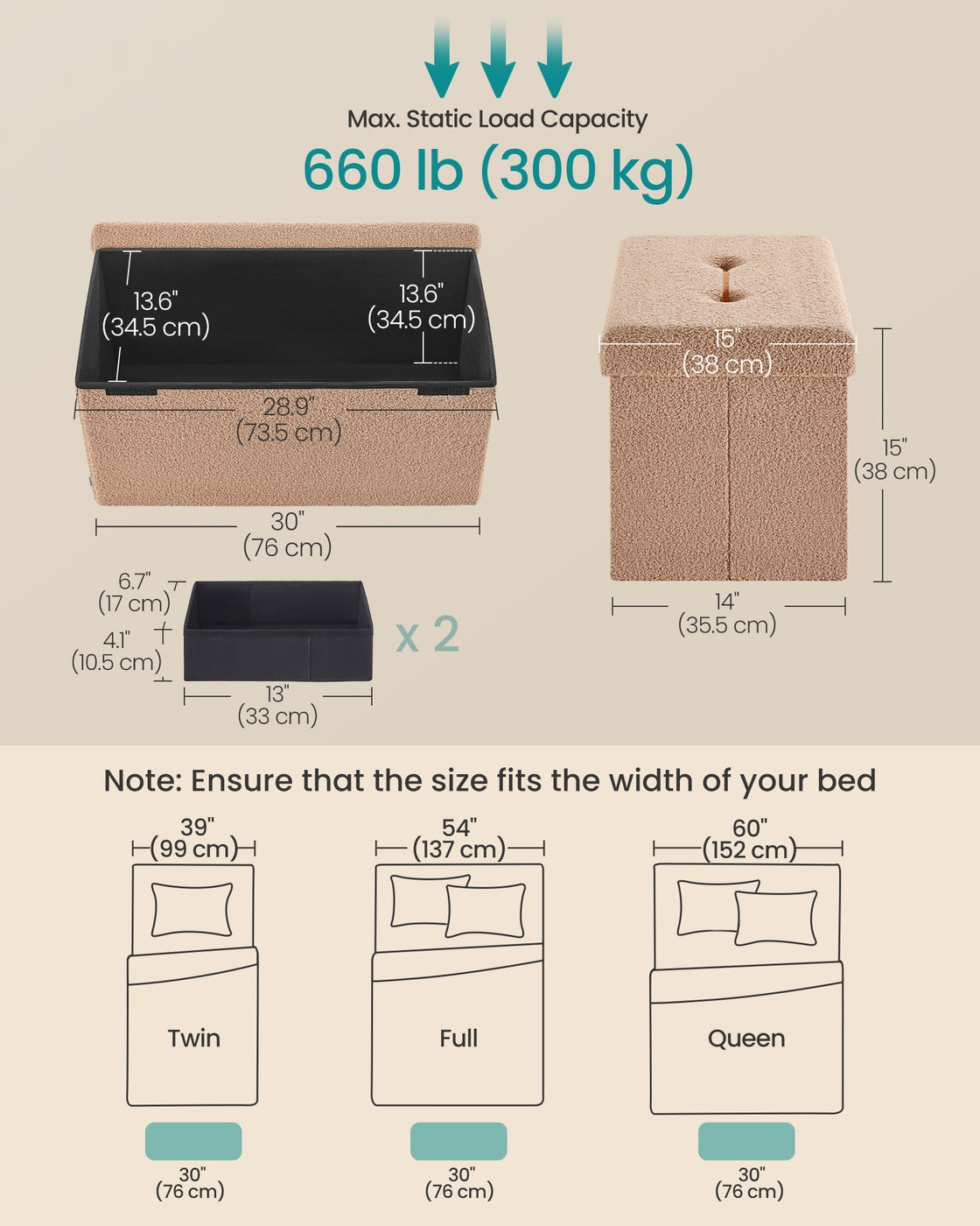 Storage Ottoman Bench, Storage Chest, 12.2 x 16.1 x 12.2 Inches, End of Bed Bench, Load up to 286 lb, for Living Room, Bedroom, Entryway