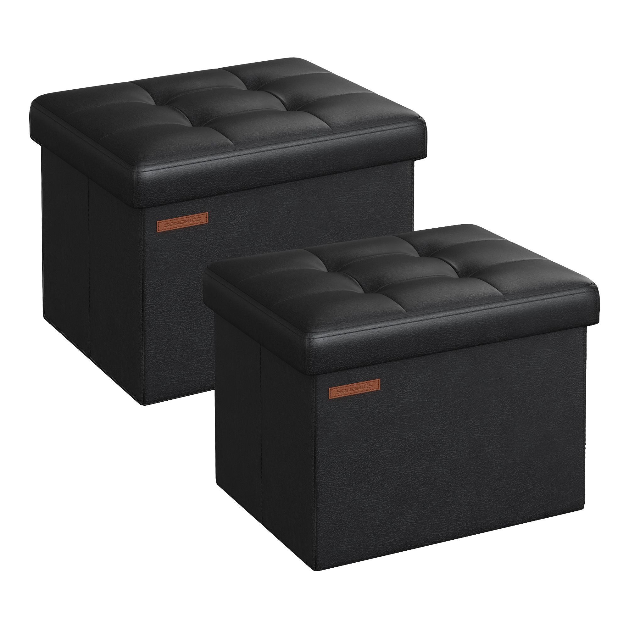 Small Folding Storage Ottoman, Set of 2, Foot Rest Stool, Cube Footrest, Synthetic Leather, 12.2 x 16.1 x 12.2 Inches, 286 lb Capacity, Living Room, Bedroom, Dorm, Ink Black ULSF100B21