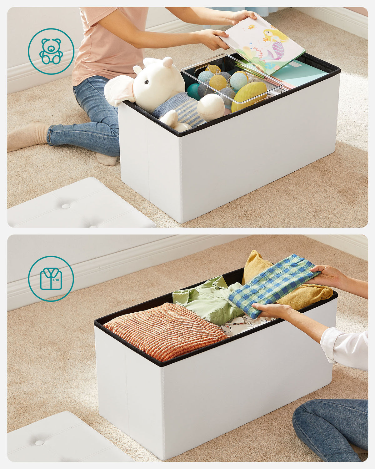 30 Inches Faux Leather Folding Storage Ottoman Bench, Storage Chest Footrest Coffee Table Padded Seat, White