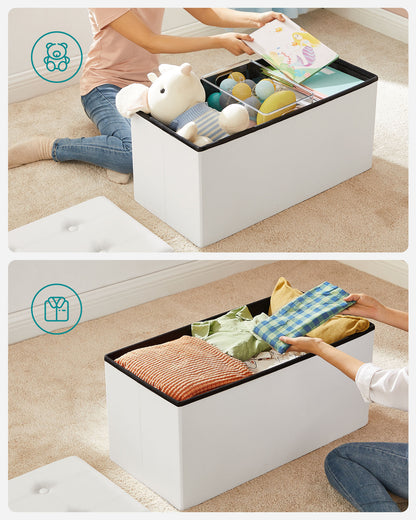 30 Inches Faux Leather Folding Storage Ottoman Bench, Storage Chest Footrest Coffee Table Padded Seat, White