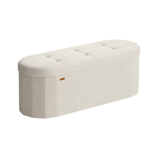 15 x 43 x 15 Inches Oval Ottoman Bench with Hidden Storage Space and Velvet Fabric Cream White - image 1
