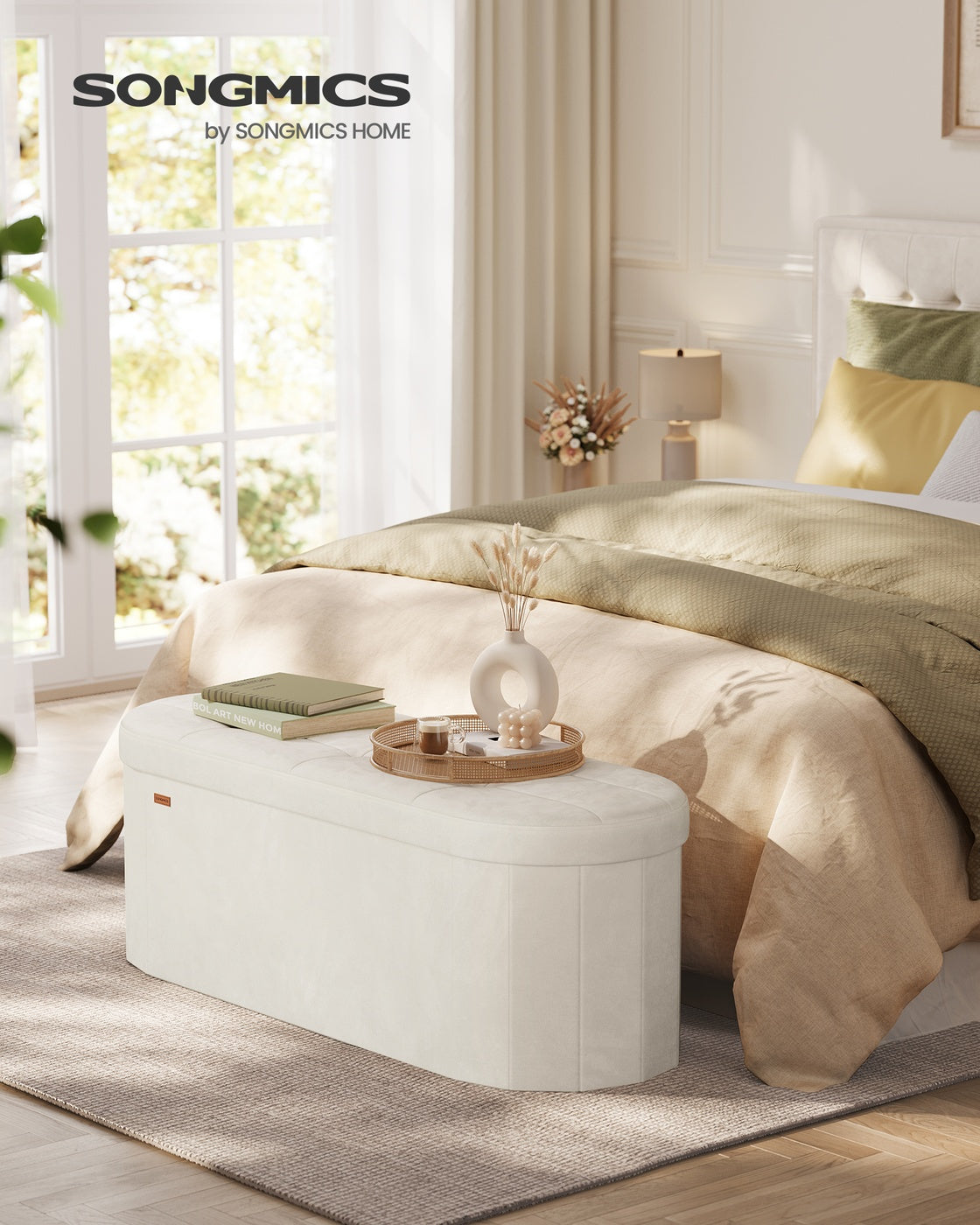 15 x 43 x 15 Inches Oval Ottoman Bench with Hidden Storage Space and Velvet Fabric Cream White - image 2