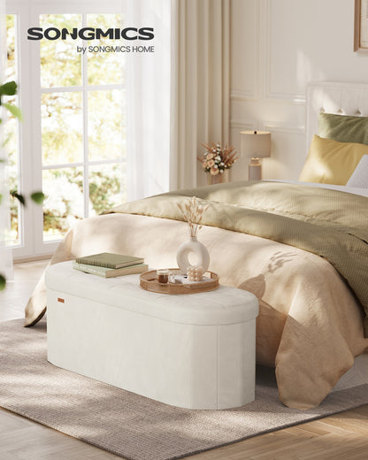 15 x 43 x 15 Inches Oval Ottoman Bench with Hidden Storage Space and Velvet Fabric Cream White - image 2