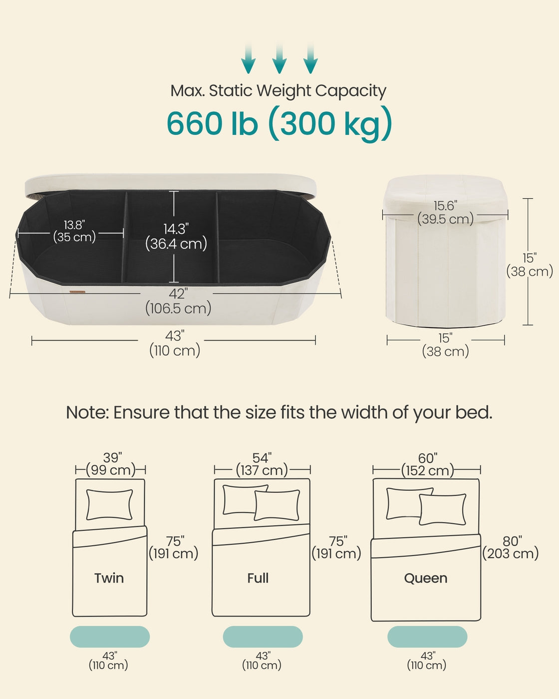 15 x 43 x 15 Inches Oval Ottoman Bench with Hidden Storage Space and Velvet Fabric Cream White - image 3