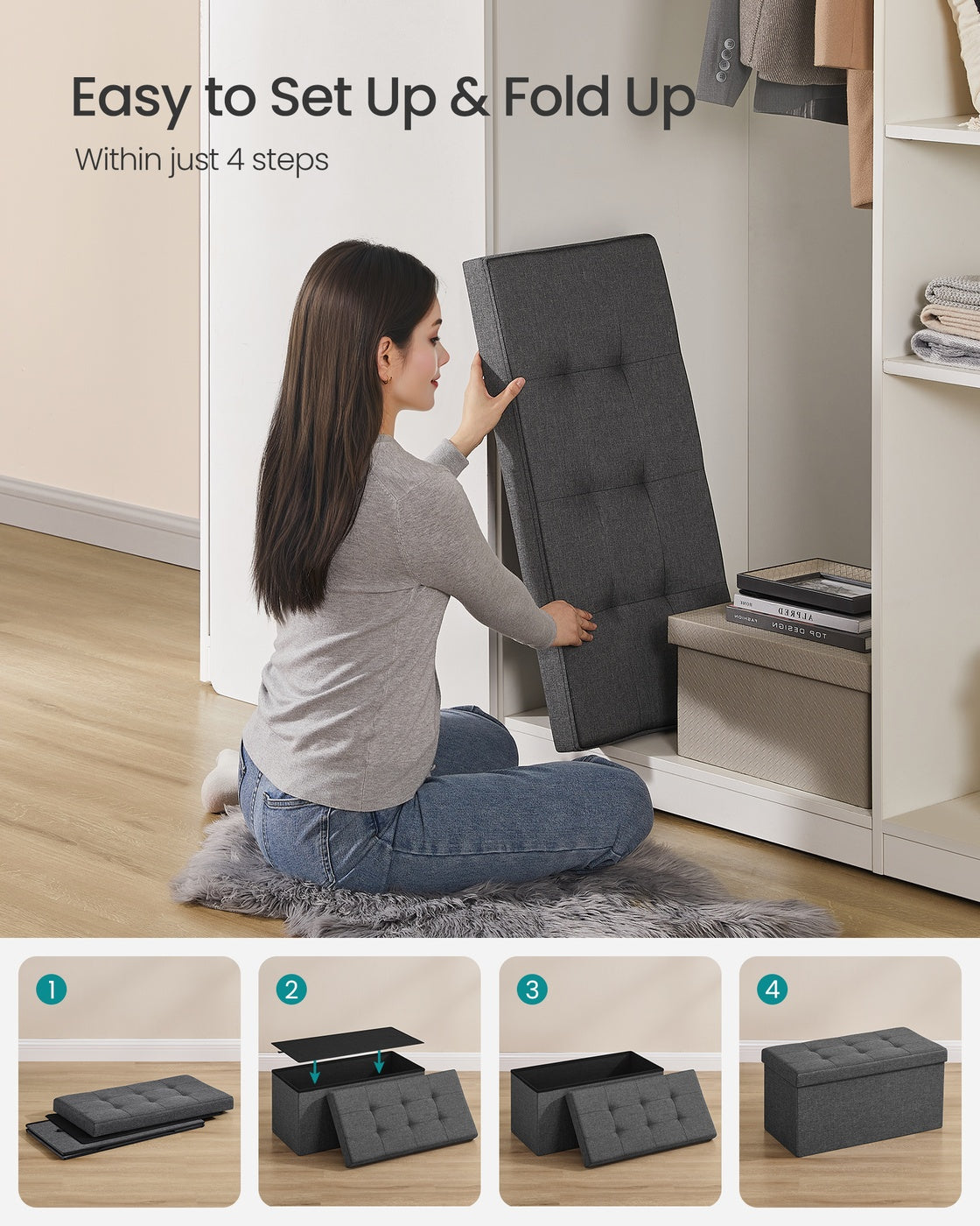 Storage Ottoman Bench, Chest with Lid, Foldable Seat