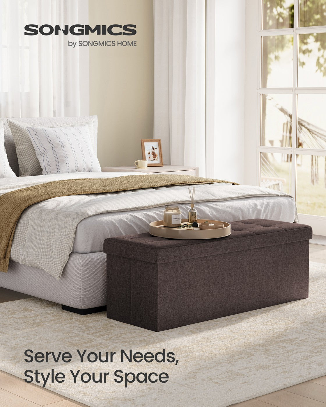 Folding Storage Ottoman Bench, Foot Rest, Stool, Storage Chest with Wooden Divider, Holds up to 660 lb, Brown