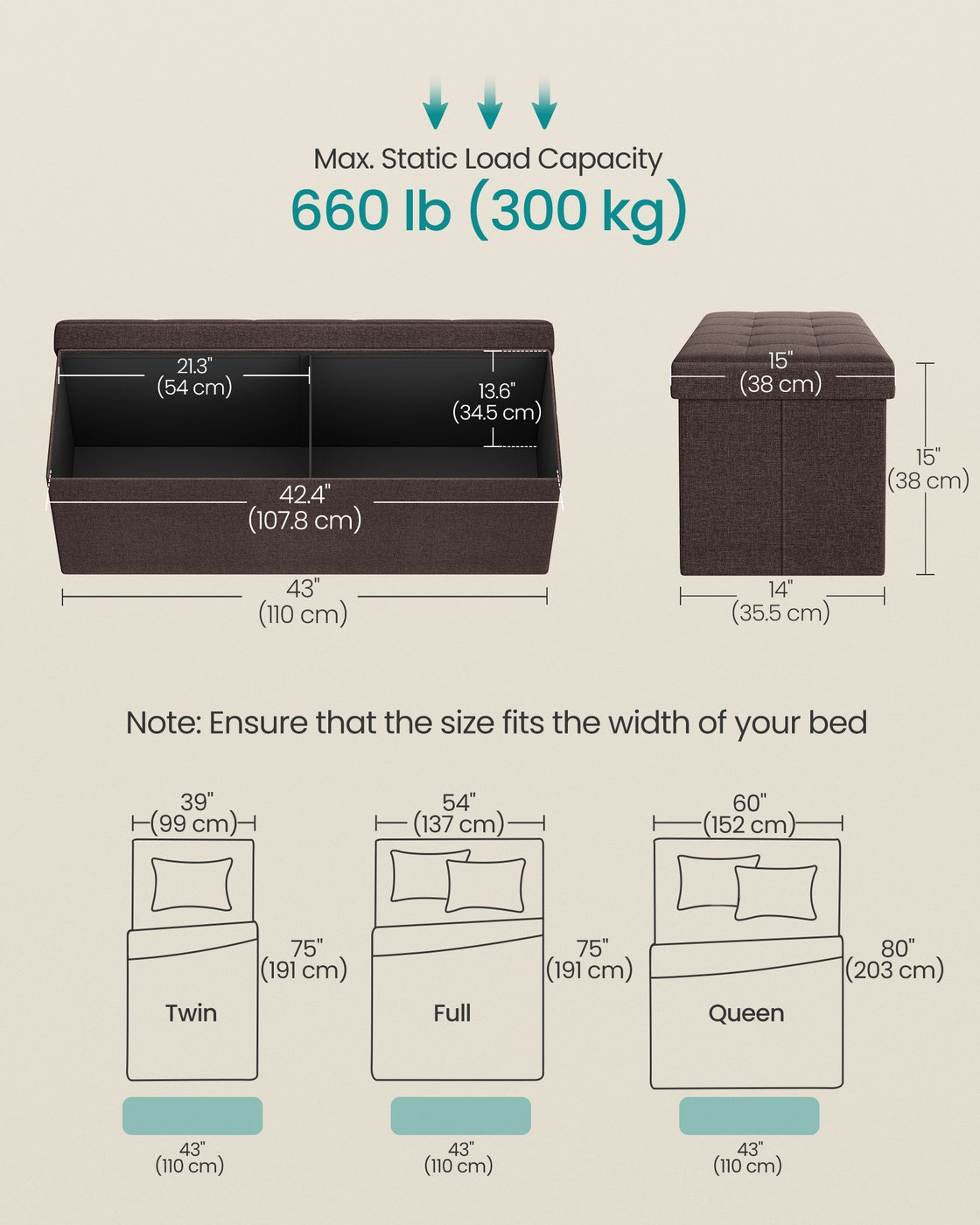 Folding Storage Ottoman Bench, Foot Rest, Stool, Storage Chest with Wooden Divider, Holds up to 660 lb, Brown