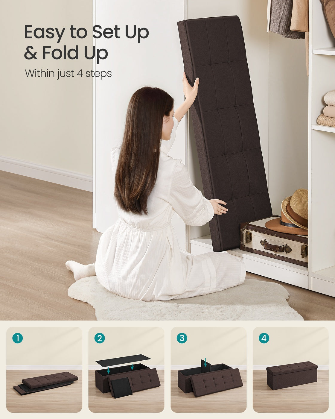 Folding Storage Ottoman Bench, Foot Rest, Stool, Storage Chest with Wooden Divider, Holds up to 660 lb, Brown