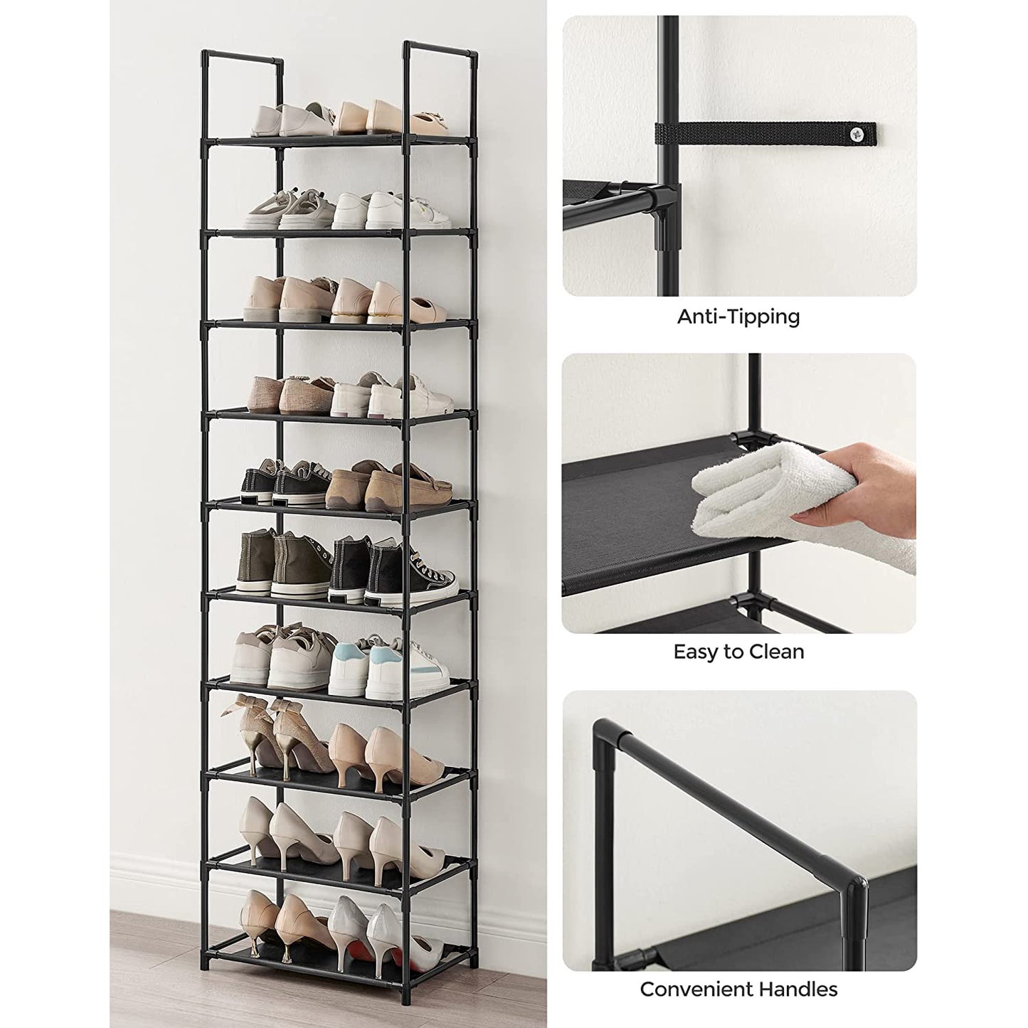 10-Tier Shoe Shelf with Metal Frame