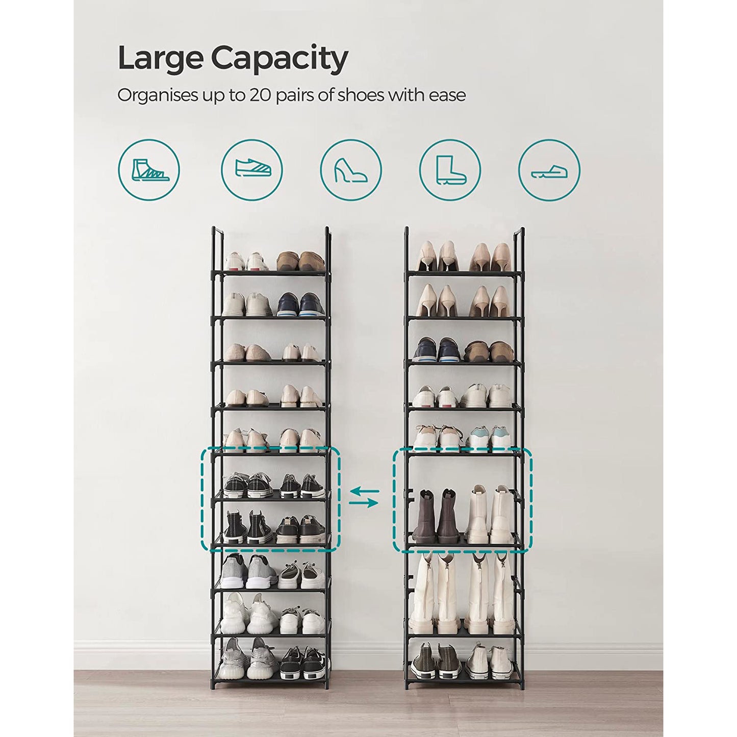 10-Tier Shoe Shelf with Metal Frame