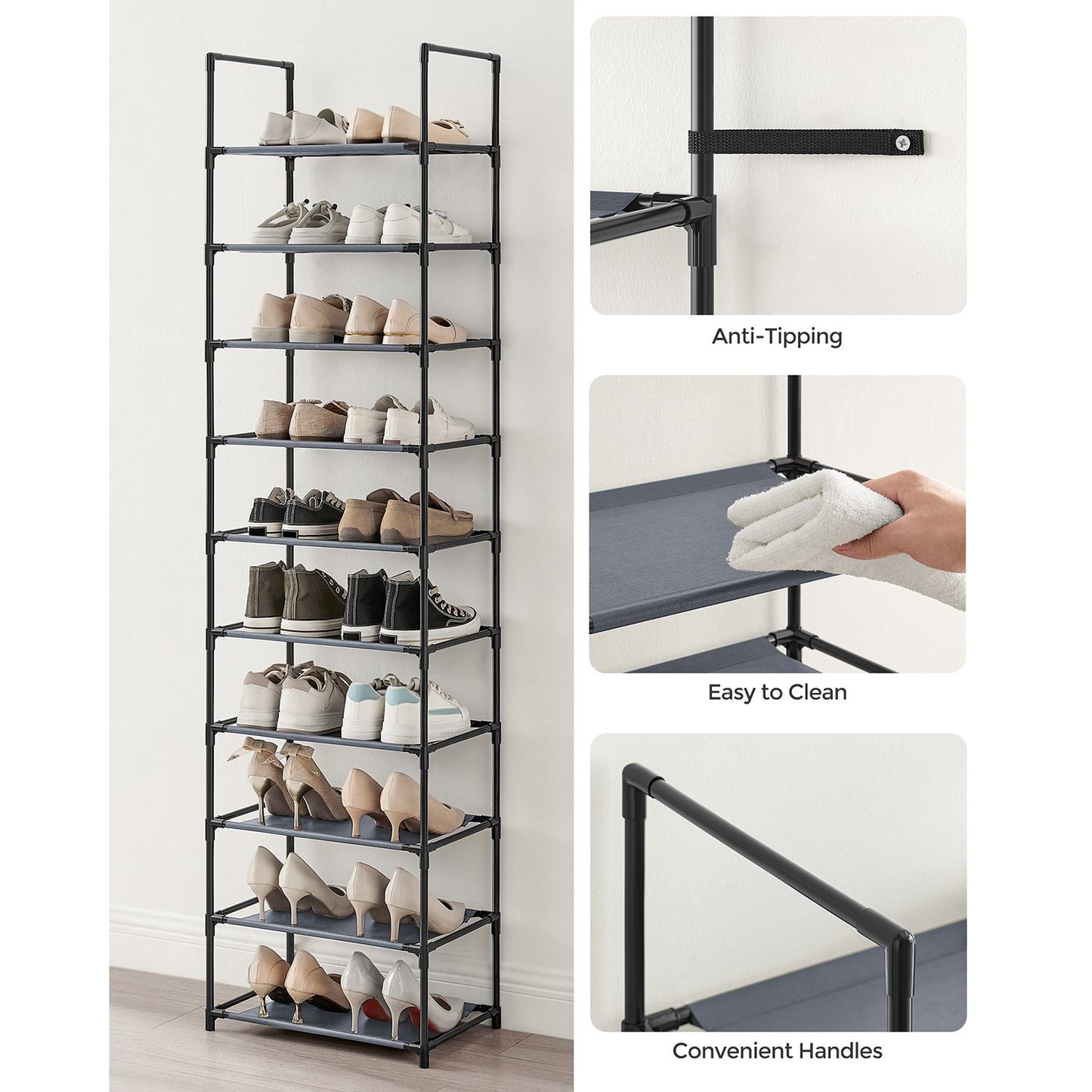 10-Tier Shoe Shelf with Metal Frame