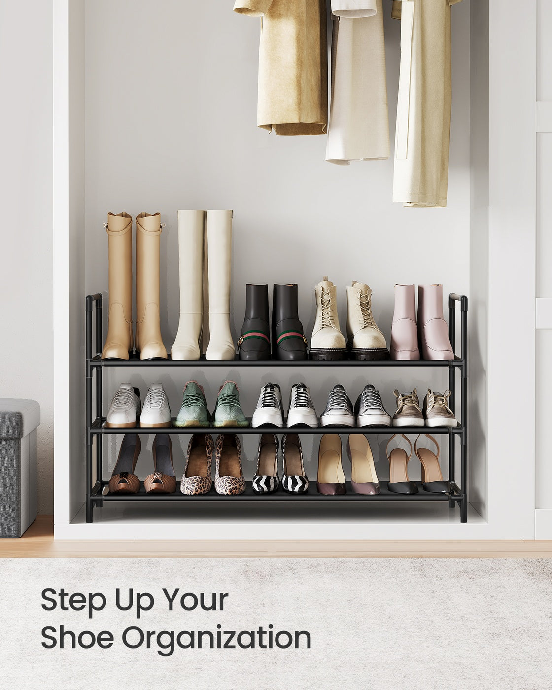 Slim metal shoe rack with fabric shelves for hallway closet - image 3